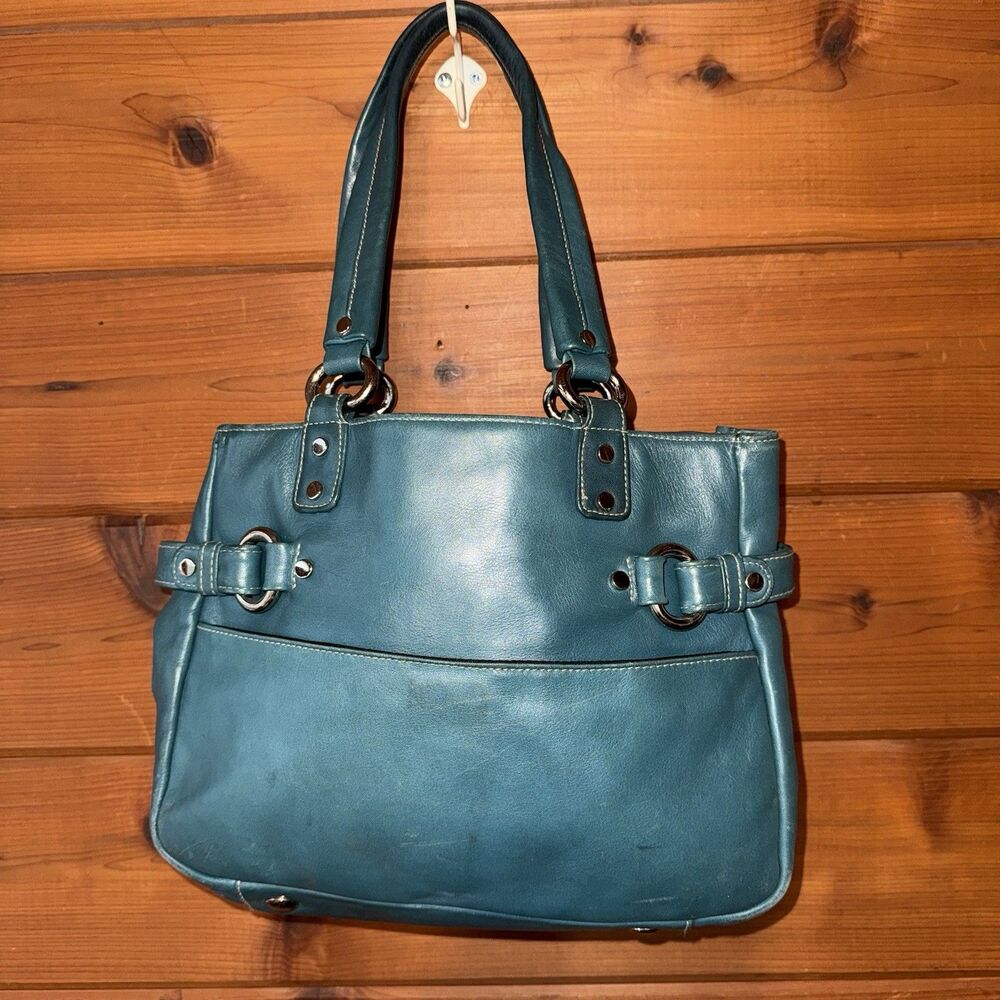 Vintage Y2K Perlina Teal Leather Small Satchel Top Handle Purse Bag